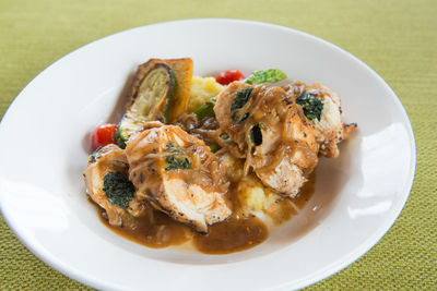 High angle view of food in plate on table