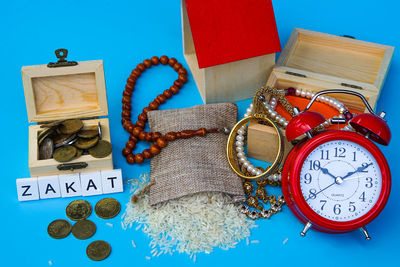 Close-up of clock on table