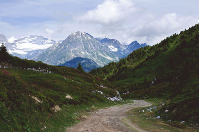 Scenic view of snowcapped mountains against sky