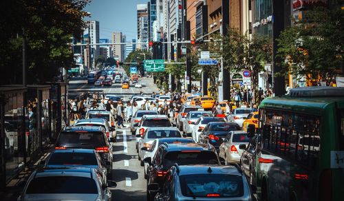 Vehicles on city street during rush hour