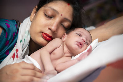 Close-up of mother and daughter