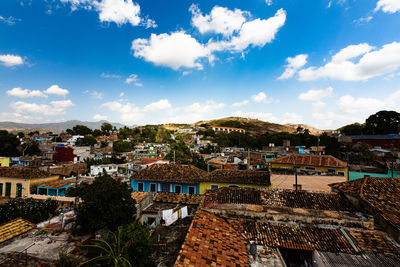 High angle shot of townscape against sky