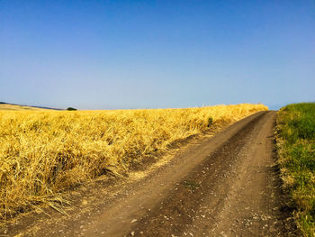 Dirt road amidst field against clear sky