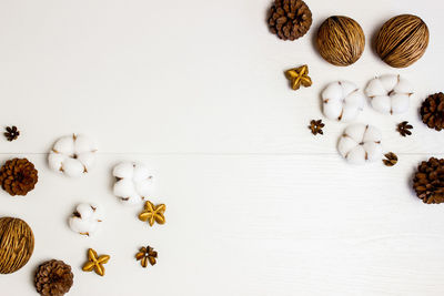 Natural flower, cotton flowers, pine cones over the white background with copy space.