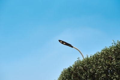 Energy saving led lamp in street lamp against blue sky, close up
