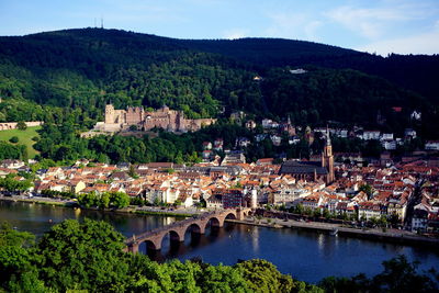 High angle view of river and town against sky