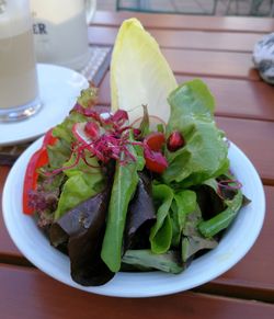 High angle view of salad in plate on table