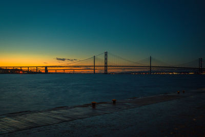 Suspension bridge over river at sunset