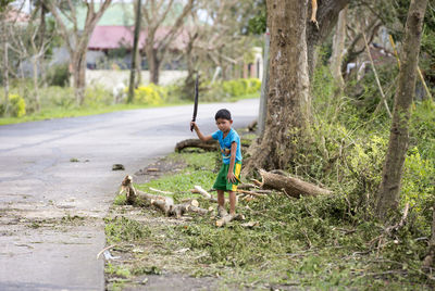 Full length of boy on plants against trees