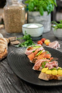 Close-up of food served on table