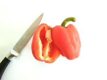 High angle view of red bell peppers against white background