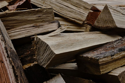 High angle view of wooden logs