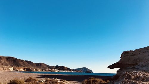 Scenic view of sea against clear blue sky