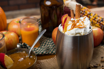 Close-up of dessert in glass on table