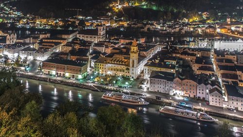 High angle view of illuminated city at night