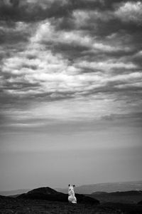 Rear view of person standing on shore against sky