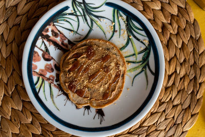 High angle view of breakfast in plate on table