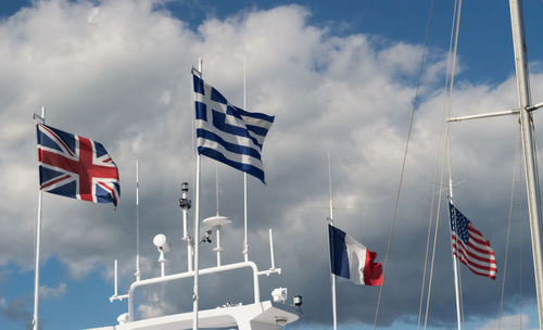 Flags on boat with sky in background
