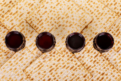 High angle view of beer glasses on table