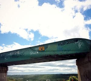 Low angle view of road sign against sky