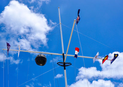 Low angle view of men hanging against blue sky