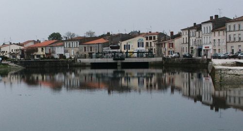 River with buildings against clear sky