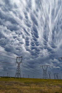 Electricity pylon on field against cloudy sky