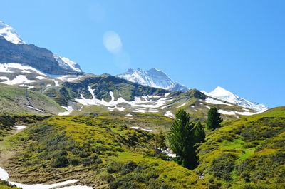 Scenic view of snow covered mountains against sky