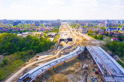 Aerial top view on the new road construction site. building of new city highway