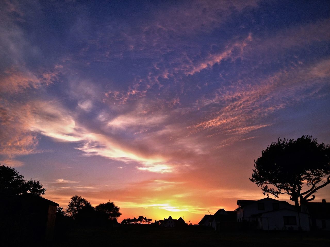 sunset, silhouette, tree, sky, building exterior, built structure, architecture, orange color, beauty in nature, cloud - sky, house, scenics, nature, cloud, low angle view, tranquility, tranquil scene, outdoors, idyllic, no people