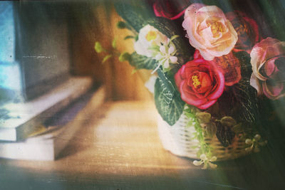 High angle view of rose bouquet on table