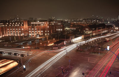 High angle view of illuminated cityscape at night