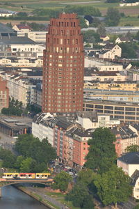 High angle view of buildings in city