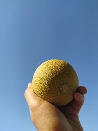 Close-up of hand holding fruit against blue sky