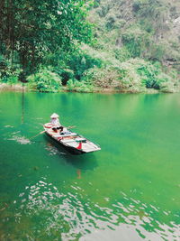 High angle view of boat in lake