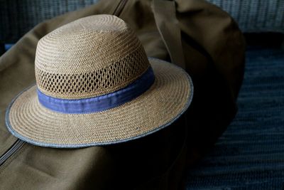 Close-up of hat on bag