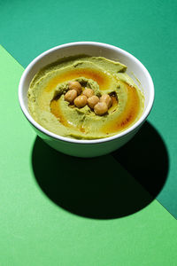 High angle view of soup in bowl on table