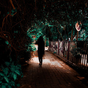 Rear view of woman walking on footpath at night