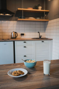 High angle view of breakfast on table at home