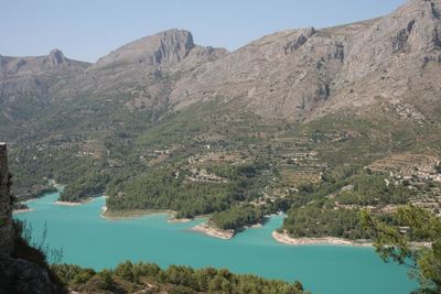 Scenic view of lake and mountains against sky