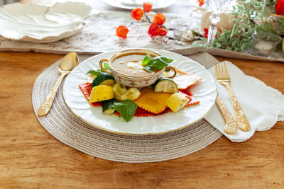 High angle view of food in plate on table