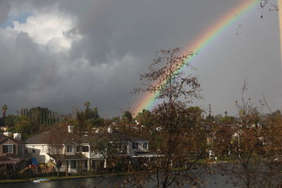 Rainbow over buildings in city against sky