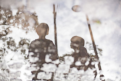 Rear view of people on snow covered plants