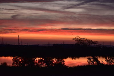 Scenic view of lake against orange sky