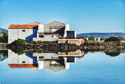 Buildings by lake against clear sky