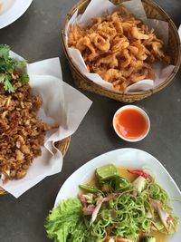 High angle view of breakfast served on table