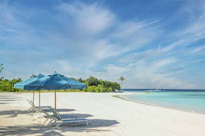 Blue sun umbrellas and resting beach chairs on sandy beach of maldives