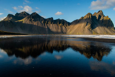 Scenic view of lake by mountains against sky