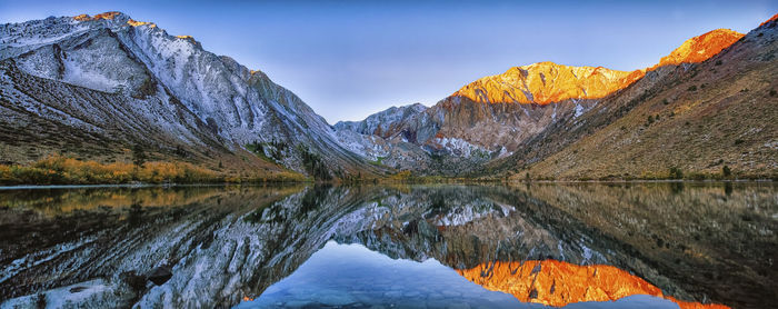 Scenic view of lake by snowcapped mountains against sky