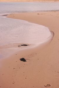 High angle view of footprints on sand at beach